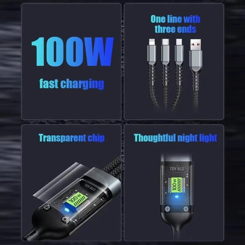 3 In 1 Usb 100w Cable For Fast Charging And Data Mini Usb Type C Micro Suitable For iPhone Charging - iPhonesRus