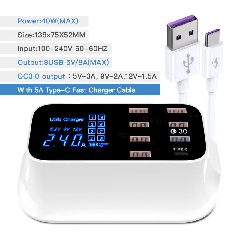 8 Ports Quick Charge 3.0 Led Display USB Charger For iPhone Adapter Phone Tablet Fast Charger - iPhonesRus