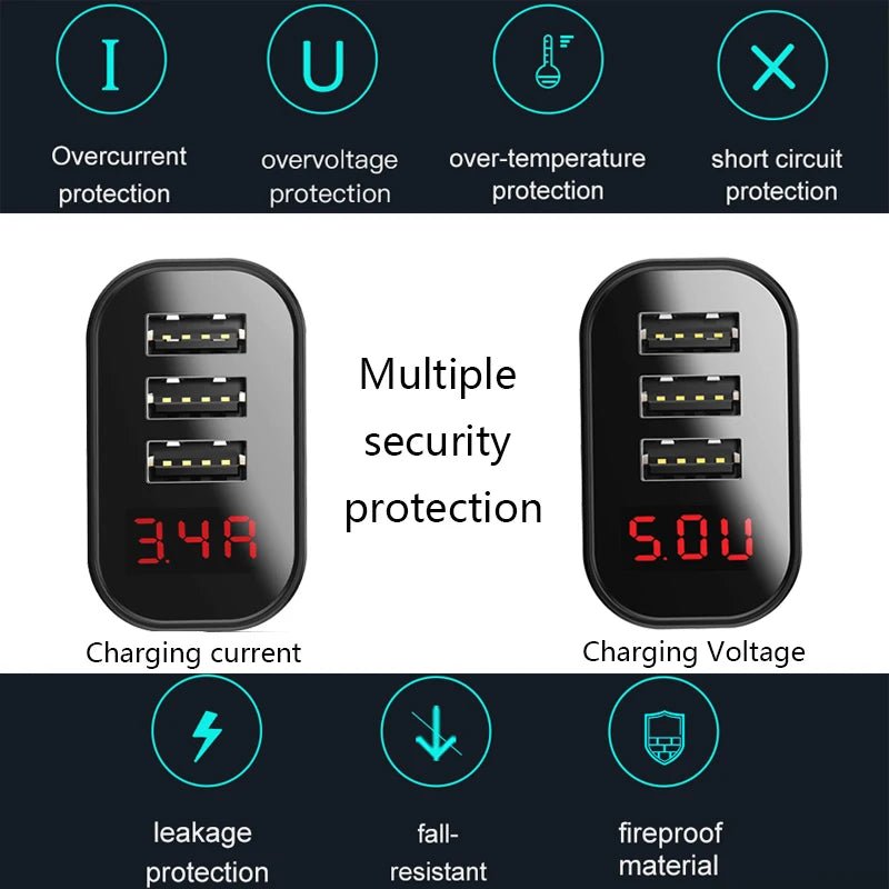 LED Display 3 USB Fast Charging Wall Charger For iPhone 3.4A Max Charger - iPhonesRus